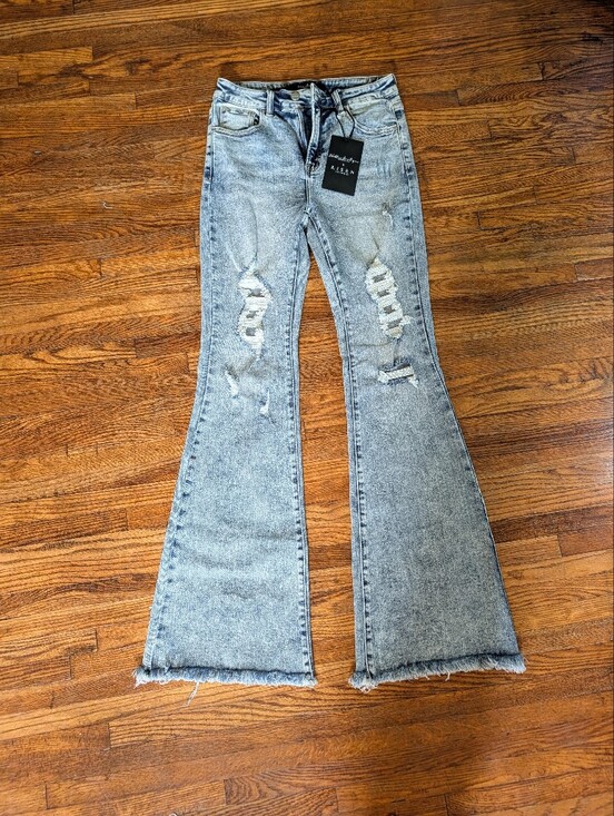 Risen Jeans Denim - High-Rise Light Blue Distressed Flare Jeans